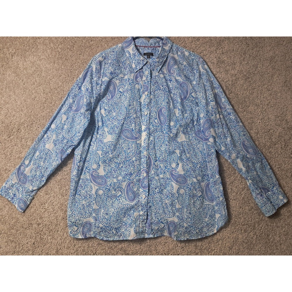 Talbots Womens XL Button Up Shirt Blue Paisley Cotton Long Sleeve Blouse Top